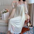 Puff-sleeve Cold-shoulder Lace Trim Midi Sleep Dress