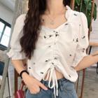 Elbow-sleeve Embroidered Drawstring Blouse