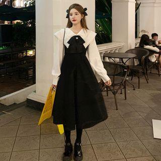Peter Pan Collar Two Tone Shirtdress / Bow Accent Shirt