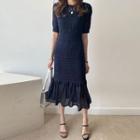 Set: Short-sleeve Ruffle Hem Midi Sheath Knit Dress + Slipdress