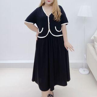 Mock Two-piece Short-sleeve Contrast Trim Midi Dress