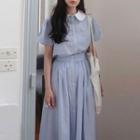 Puff-sleeve Striped Shirt / Midi A-line Skirt