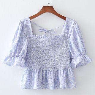 Puff-sleeve Ruffle Square-neck Floral Open-back Cropped Top