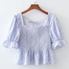 Puff-sleeve Ruffle Square-neck Floral Open-back Cropped Top