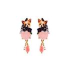 Fashion Cute Plated Gold Enamel Dog Chihuahua Flower Tassel Earrings With Pink Cubic Zirconia Golden - One Size