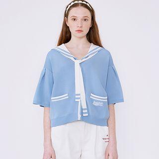 Sailor-collar Elbow-sleeve Cardigan Blue - One Size