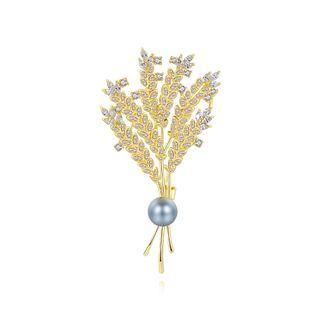 Elegant And Fashion Plated Gold Wheat Imitation Pearl Brooch With Yellow Cubic Zirconia Golden - One Size