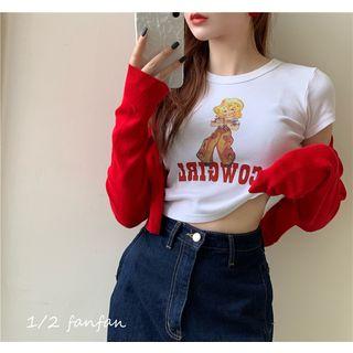 Long-sleeve Crop Knit Top+ Short-sleeve Cartoon Printed T-shirt