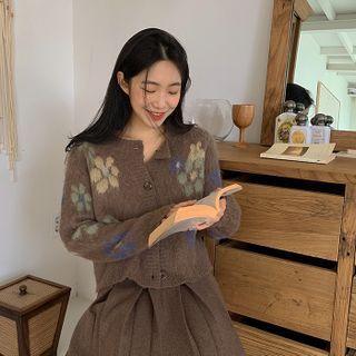 Flower Print Woolen Crop Cardigan