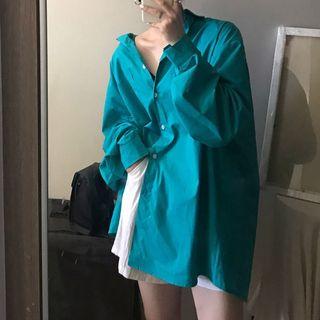 Lantern-sleeve Plain Shirt Aqua Blue - One Size