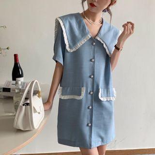 Short-sleeve Ruffle Trim Button-up Mini Dress