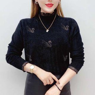 Rhinestone Mock Neck Knit Top / Fleece-lined Knit Top