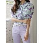 Tie-neck Ruffled Floral Jacquard Blouse
