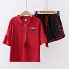 Bell-sleeve Fish Embroidered Top / Lace-up Tassel Embroidered Shorts
