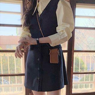 Long-sleeve Shirt / Button Mini A-line Pinafore Dress