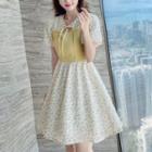 Puff Sleeve Floral Print Panel Mini A-line Dress