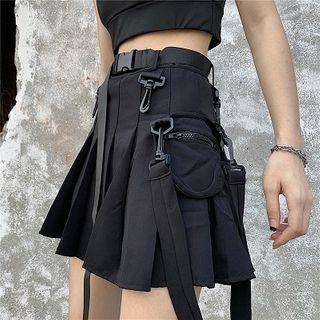 Buckle Strap Mini A-line Pleated Skirt