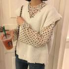 V-neck Knit Vest / Heart-dotted Chiffon Blouse