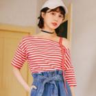 Cold-shoulder Striped Elbow-sleeve T-shirt