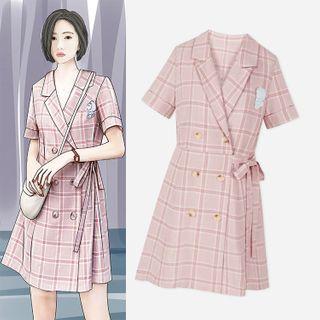 Short-sleeve Double Breasted Plaid Mini Shirtdress