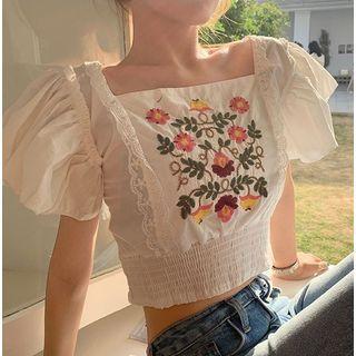 Ruffled Trim Embroidered Cropped Top