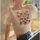 Ruffled Trim Embroidered Cropped Top