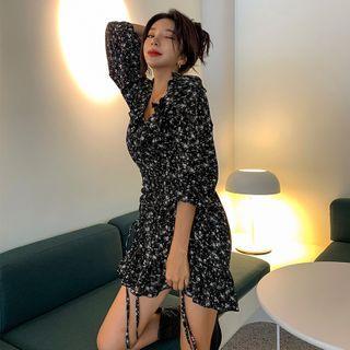 Frilled-neck Drawstring Floral Dress