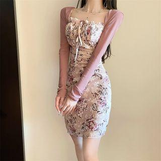 Spaghetti Strap Floral Print Mini Bodycon Dress / Long-sleeve Shrug