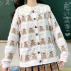 Long-sleeve Lace Trim Blouse / Bear Print Cardigan