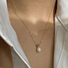 Freshwater Pearl Pendant Stainless Steel Necklace E13 - Gold - One Size