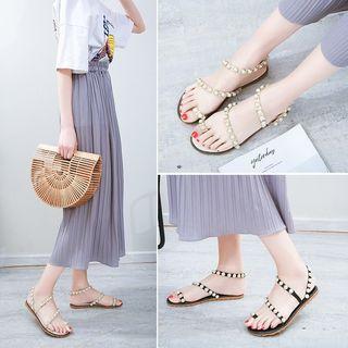 Faux Leather Faux Pearl Loop-toe Sandals