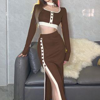 Long Sleeve Crop Sweater + Side-split Skirt