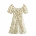 Puff-sleeve Drawstring Floral Mini A-line Dress