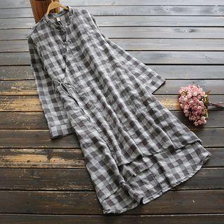 Long-sleeve Plaid Midi A-line Dress Plaid - Gray - One Size