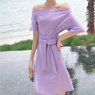 Tie-waist Off-shoulder Plain Dress