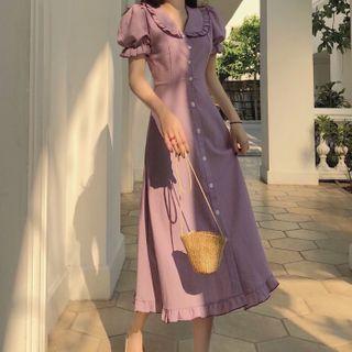 Ruffle Trim Short-sleeve Button-up Midi A-line Dress