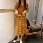 Plaid V-neck Blouse / High/-waist Midi A-line Skirt