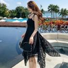 Spaghetti Strap Striped Asymmetrical A-line Dress