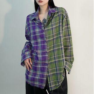 Color Block Plaid Shirt Blue & Green - One Size