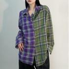 Color Block Plaid Shirt Blue & Green - One Size
