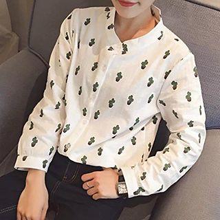Cactus Print Stand Collar Long-sleeve Shirt