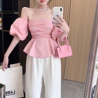 Puff-sleeve Off-shoulder Blouse / Wide Leg Pants