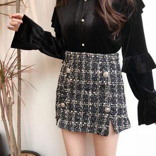 Button Front Tweed Skirt