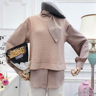 Set: Bow Accent Blouse + Knit Vest