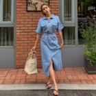 Slit-back Long Denim Shirtdress Blue - One Size