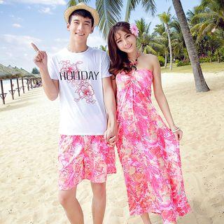 Couple Matching Floral Print Halter Maxi Dress / Set: Short Sleeve T-shirt + Shorts