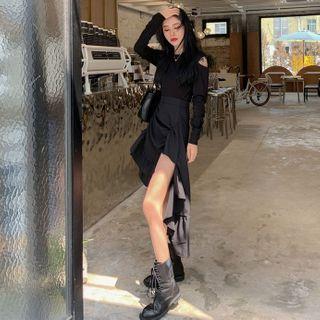 Plain Cutout Long-sleeve Top / Irregular A-line Skirt