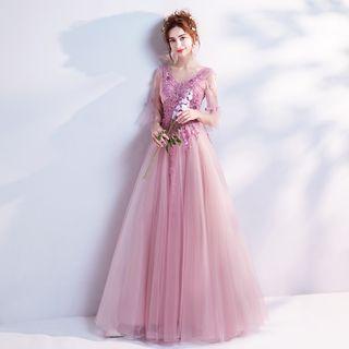 Elbow-sleeve Applique V-neck Evening Gown