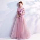 Elbow-sleeve Applique V-neck Evening Gown