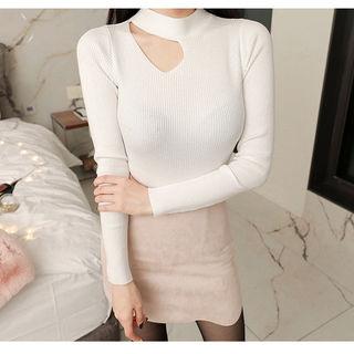Cutaway-trim Rib-knit Top